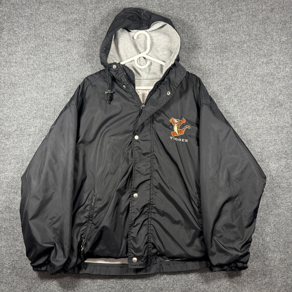 Disney Store Jacket Mens L Black Tigger Vintage Windbreaker Hooded Varsity Patch